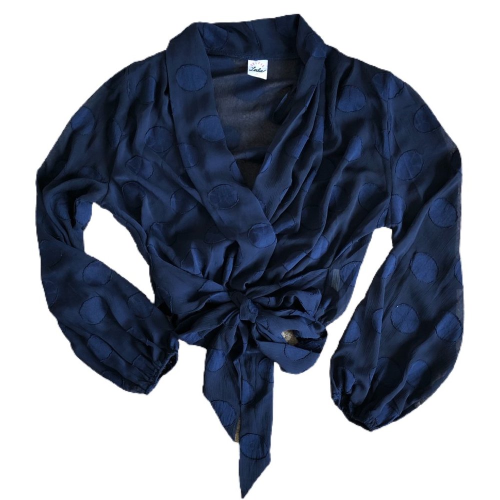 Selfie Leslie Sheer Navy Blue Wrap Shirt Large EUC